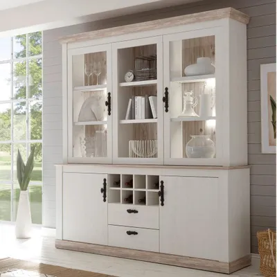 Produktbild von Großer Buffet-Schrank FERNA-61 im Landhaus Stil Geschirrschrank in Pinie weiß und Oslo dunkel Nb. inkl. LED B/H/T ca. 184x205x44cm