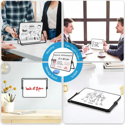Produktbild von Mini Whiteboard Trocken abwischbar 21 x 30 cm Doppelseitig mit Ständer und Markierstiften