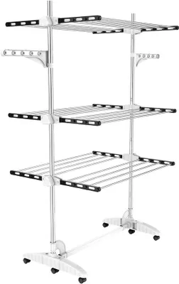 Image de Tour de séchage à 3 niveaux en tubes d'acier, avec 6 roues, tour de séchage mobile pour balcon, salon, buanderie, salle de bain, couleur noire