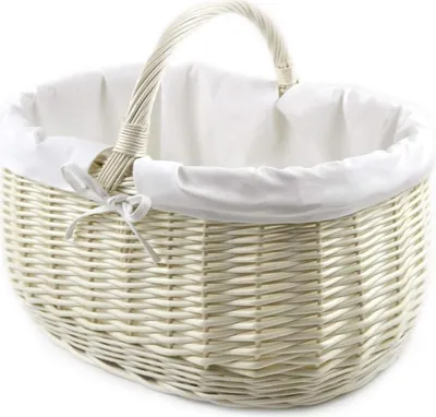 A white wicker basket with a white fabric lining and a handle, shown against a white background.