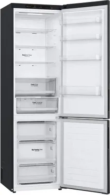 An open refrigerator with its interior shelves and drawers visible.