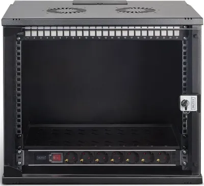 Produktbild von Digitus Netzwerk-Set SOHO Pro, 483 mm (19") - 9HE, 540 x 400 mm (B x T), Wandmontiertes Regal, 9U, 60 kg, Sperrschloss, Ablageschienen, Verbessertes Kabelmanagement