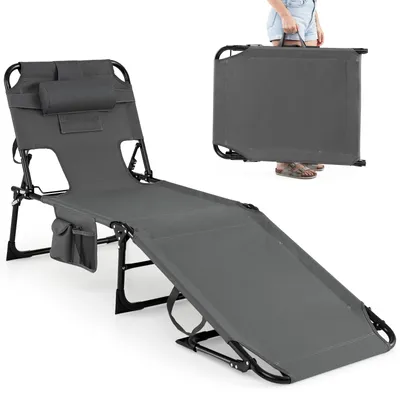 Immagine prodotto di KOMFOTTEU Lettino prendisole pieghevole, schienale regolabile in 4 posizioni, sdraio da spiaggia, poggiatesta rimovibile e fori per viso e braccia, lettino da piscina, 169-193 x 60 x 35-80 cm (grigio)