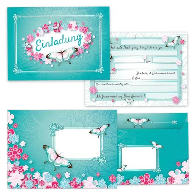 12 Einladungskarten + Umschläge, Schmetterling, Blumen, Mädchen