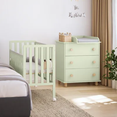 Produktbild von ZEE BAMBI Mint Set Beistellbett Baby mit Rollen + Wickelkommode 3-fach höhenverstellbar Kinder Bett mit Absenkbarer Seite Gitterbett & Kommode