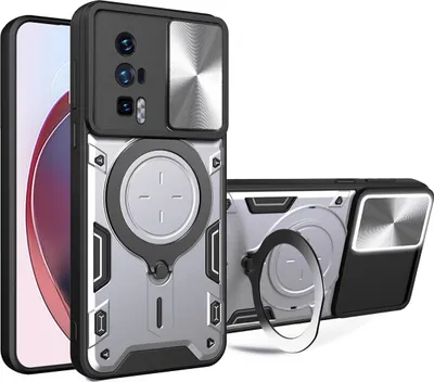 Produktbild von Handyhülle für Xiaomi Poco F5 Pro /Redmi K60 /K60 Pro Dual-Layer Stoßfest Rüstung Hülle mit Dia Kameraschutz und Kreisförmig Ring Ständer Silber