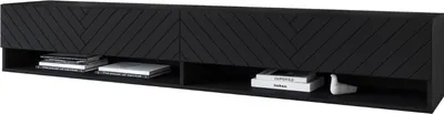 A black TV cabinet with a herringbone pattern on the doors, shown in a studio setting.