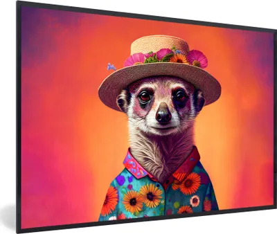 Produktbild von MuchoWow® Gerahmtes Poster Erdmännchen - Blumen - Hut - Tiere - Porträt 30x20 cm - Poster mit Schwarzem Bilderrahmen Wandposter Rahmen Foto Bilder - Kunstdruck - Bild-Poster