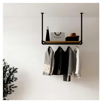 Produktbild von Kleiderstange „MIK“ Garderobe im Industrial Design für die Decke, Eichenholzbrett | Breite 60 cm x Höhe 70 cm | Deckenmontage | Ankleidezimmer | Flur | begehbarer Kleiderschrank