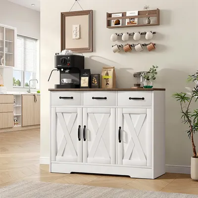 Productafbeelding van Dressoir - Sideboard - Opbergkast - Wandmeubel - Wit Zwart - 3 Laden en 3 Deuren - Verstelbare Planken