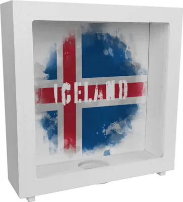 Produktbild von Rahmen Spardose aus Holz mit Island-Flagge im Used Look - Sparschwein für
