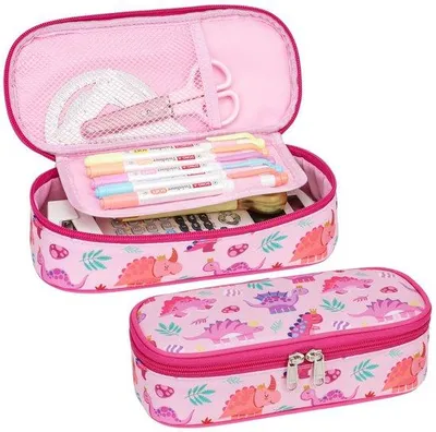 Image de Cartable pour fille avec un dinosaure rose - grande trousse pour fille, sac à dos d'école à 2 compartiments et porte-crayons.
