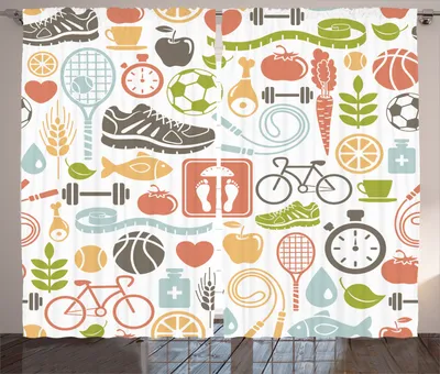Produktbild von ABAKUHAUS Retro Rustikaler Gardine, Fitness Sport Gesund, Schlafzimmer Kräuselband Vorhang mit Schlaufen und Haken, 280 x 225 cm, Mehrfarbig