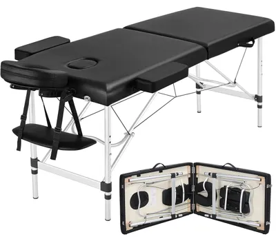 Produktbild von Yaheetech Klappbare Massageliege 2-Zonen Massagebett Höhenverstellbarer Massagetisch Massagebank mit Kopfstütze & Armlehnen & Tasche Schwarz – Größe 213 x 82 cm