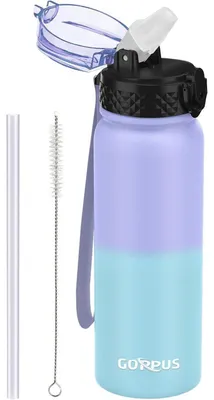 Produktbild von Edelstahl Wasserflasche mit Strohhalm 600ml Lila Blau BPA-frei Auslaufsicher Thermosflasche