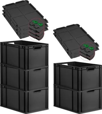 Produktbild von SuperSparSet 5x Eurobox NextGen Grip mit Scharnierdeckel und grünen Schiebeschnappverschlüssen | HxBxT 32x40x60cm | 65 Liter | Schwarz | Griffe offen | Verstärkter Boden | Eurobehälter, Transportbox, Transportbehälter, Stapelbehälter