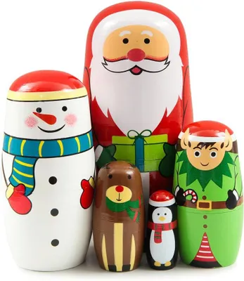 Productafbeelding van Houten Russische kerstpoppen - Set van 5 - Kerstman - Sneeuwpop - Eland - Pinguïn - Kerstdecoratie