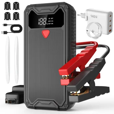 Produktbild von 4 in1 Auto Starthilfe Startgerät Booster Starthilfekabel Jump Starter 6000A 10000mAh, mit PD-140W Schnellladegerät Adapter