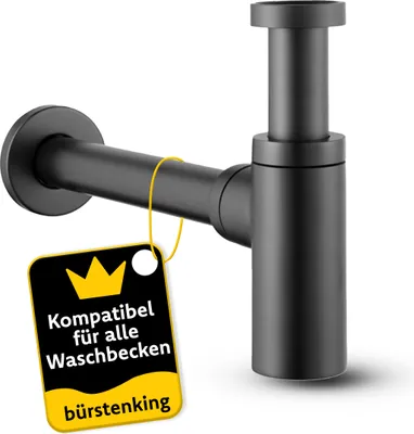 Produktbild von Bürstenking Universal Design Siphon, für Waschbecken und Waschtisch, einfache Montage und Reinigung, 1 1/4" Anschlussgewinde, runde Form, schwarz-matt