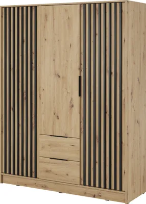 A three-door wardrobe with a wood-effect finish and black slatted accents.