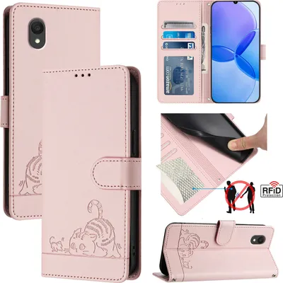 Produktbild von Leder Hülle für TCL 201 Süße Katze Flip Case Brieftasche Schutzhülle mit Standfunktion Pink