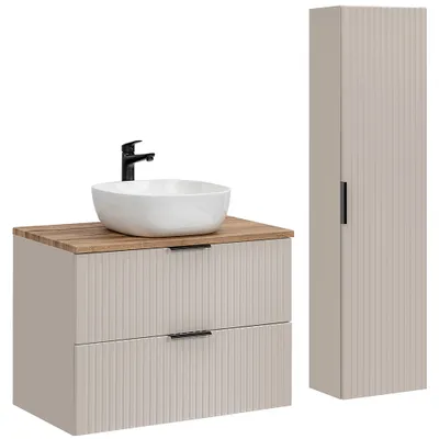 A bathroom vanity unit and a tall cabinet shown against a white background.