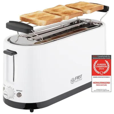 Produktbild von TZS First Austria Langschlitztoaster | Geeignet für 4 Scheiben | 1400W | Krümelschublade, Brötchenaufsatz | Weiß **