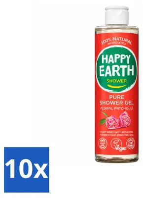 Imagen del producto de 10 unidades de gel de ducha natural "Happy Earth" con aroma floral de pachulí, 100% natural, 300 ml. Paquete económico
