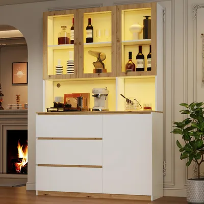 Productafbeelding van Vitrine 120x200 met LED-verlichting, verlengd werkblad, multifunctioneel, boekenkast, hoge kast (eikenhout, wit)