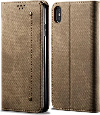 Produktbild von iPhone XS Case, iPhone X Hülle, LaimTop Denim Leder Brieftasche Magnetverschluss Flip Bookstyle Schutzhülle mit Standfunktion für iPhone XS / X Khaki