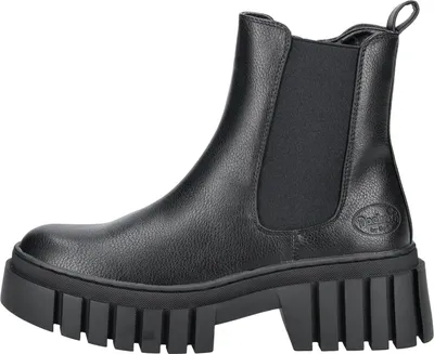 A black Chelsea boot with a thick sole is shown from the side against a white background.