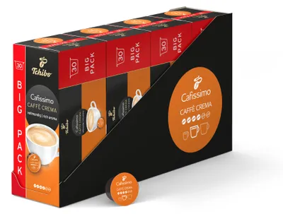 Produktbild von Tchibo Cafissimo Vorratsbox Caffè Crema vollmundig Kaffeekapseln, 120 Stück – 4x 30 Kapseln (Kaffee, ausgewogen und vollmundig), nachhaltig & fair gehandelt