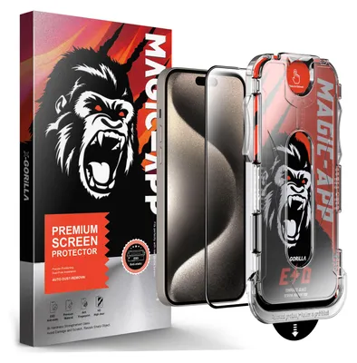 A product shot featuring a phone case, screen protector, and packaging for a phone accessory.