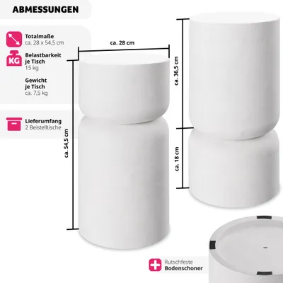Produktbild von Tectake Beistelltische Amine, 2 Stück, weiß, Magnesiumoxid, Ø 28 x H 54,5 cm, abgerundet, Chubby-Look, Innenbereich, 15 kg Tragkraft, ca. 7,7 kg