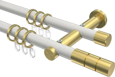 Produktbild von Interdeco Gardinenstange / Vorhangstange Weiß / Messing-Optik, Typ Platon Elanto (Rillenzylinder), 20 mm Ø 2-läufig, 200 cm