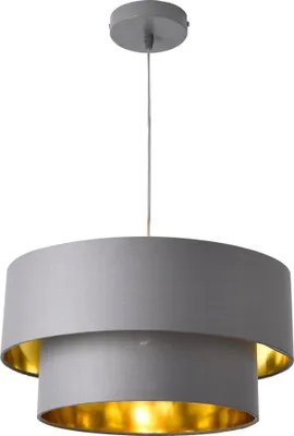 A gray and gold tiered pendant light fixture against a white background.