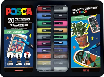 A tin case containing 20 Posca paint markers in various colors, with marketing graphics on the left and right sides.