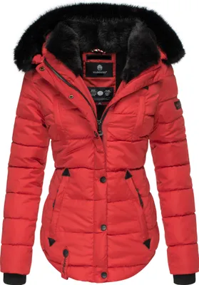 Produktbild von Marikoo Lotusblüte Damen Winter Steppjacke mit Kapuze Kunstfellbesatz Parka Mantel Jacke Rot Gr. 34 - XS