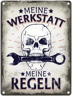 Produktbild von Meine Werkstatt meine Regeln mit Totenkopf Metallschild in 15x20 cm