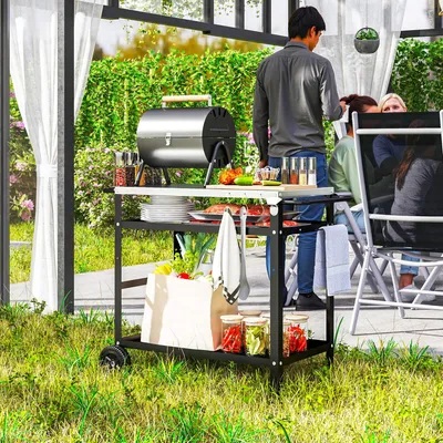 Produktbild von Grillwagen 3-Etagen BBQ-Servierwagen, Grilltisch Outdoor-Küchenwagen, Edelstahl Arbeitsplatte, Schwarz | 100x52x80 cm | 6 Haken | 2 Räder