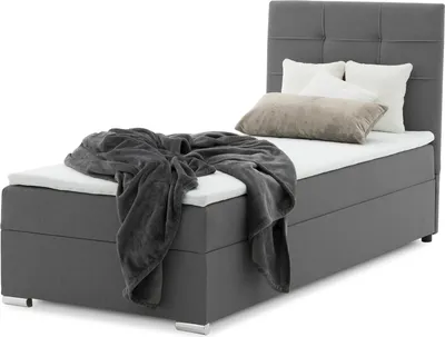 Produktbild von Boxspringbett mit Bettkasten NAPOLI 90x200 Kontinentalbett dekorativem Kopfteil Farben zur Auswahl Stoff HUGO 96 Dunkelgrau RECHTS OHNE TOPPER