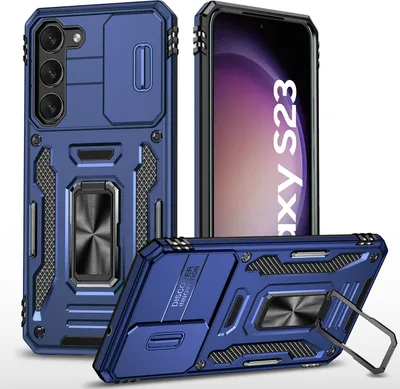 Produktbild von Galaxy S23 Hülle, Schiebe Kamera Schutz und Ringhalter Ständer Dual Layer Stoßfest Schutzhülle für Samsung Galaxy S23