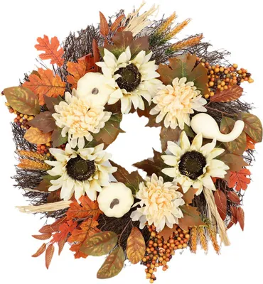 Produktbild von Herbstkranz mit weißen Kürbissen, 45cm Erntedankfest-Dekoration, Naturmaterialien & Ländlich, Für Haustür & Tischdekoration