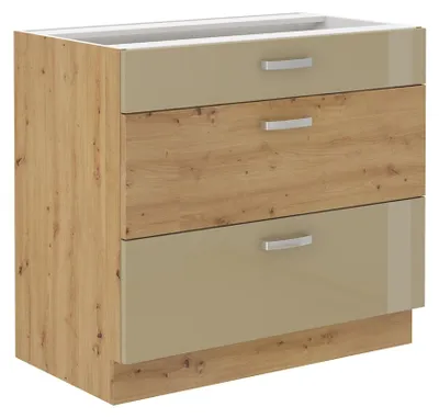 Produktbild von Küchen Unterschrank 80 Eiche Artisan Cappuccino Hochglanz Vollauszug Soft-Close