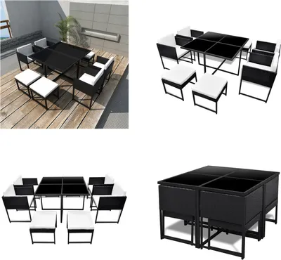 Produktbild von vidaXL 9 tlg. Garten Essgruppe mit Auflagen Poly Rattan Schwarz - Gartenmöbel-Set - Gartenmöbel-Sets - Gartentisch Und Stühle - Gartentische Und Stühle