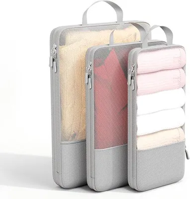 Produktbild von Kompaktierungsset aus transparentem Nylon, faltsicher, doppelte Klettverschluss, für Reisetasche und Rucksack (Grau)