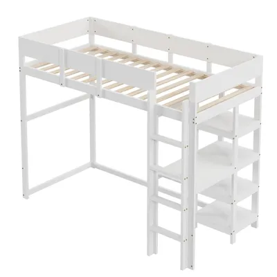 Produktbild von Hochbett mit Ablage(Weiss,90x200cm)Bettgestell aus massivem Kiefernholz mit Lattenrost,Bett für Kinder und Jugendliche