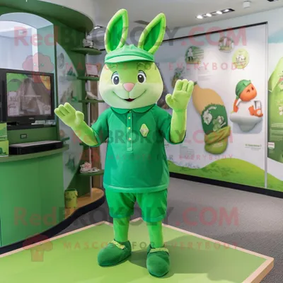 Produktbild von Grünes REDBROKOLY Kaninchen Maskottchen kostüm gekleidet in einen Overall und Mützen