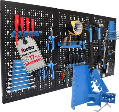 Produktbild von Belko® Werkzeugwand Blau 120x60 cm | Metall Pegboard mit 17-teiligem Haken & Regal | Werkstatt, Garage, Keller