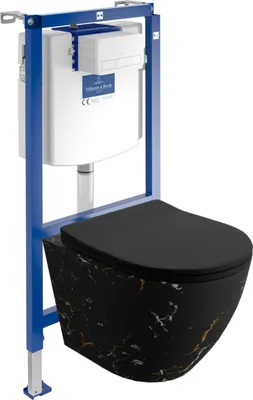 Produktbild von DOMINO | Villeroy&Boch ViConnect H112 Vorwandelement Unterputz WC mit Bedienplatte + Wand Hänge Tiefspül WC Sofi Slim Fire Schwarz | WC Komplett Set |